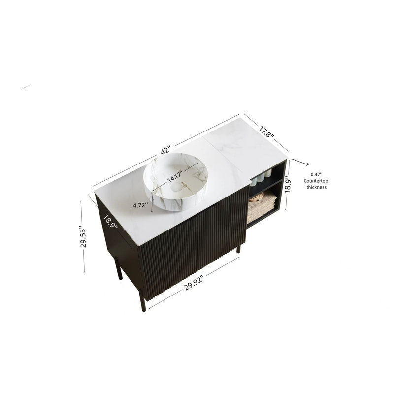 Armoire de rangement murale autoportante et murale de 42 po avec 2 portes et une tablette ouverte de 12 po, un lavabo rond en céramique blanc avec motif de pierre et un comptoir blanc de Carrare, sans robinet, couleur noire