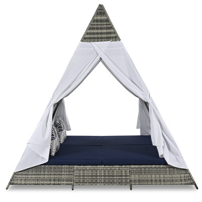 Lit de bronzage extérieur de 90,5 po de longueur avec coussins colorés GO, lit de jour de patio en osier avec coussins, forme de tente
