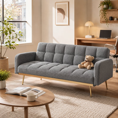 69" Convertible Futon Sofa Bed with 3-Position Adjustable Backrest, Modern Fabric 3-Seater Sleeper Couch with Detachable Armrests