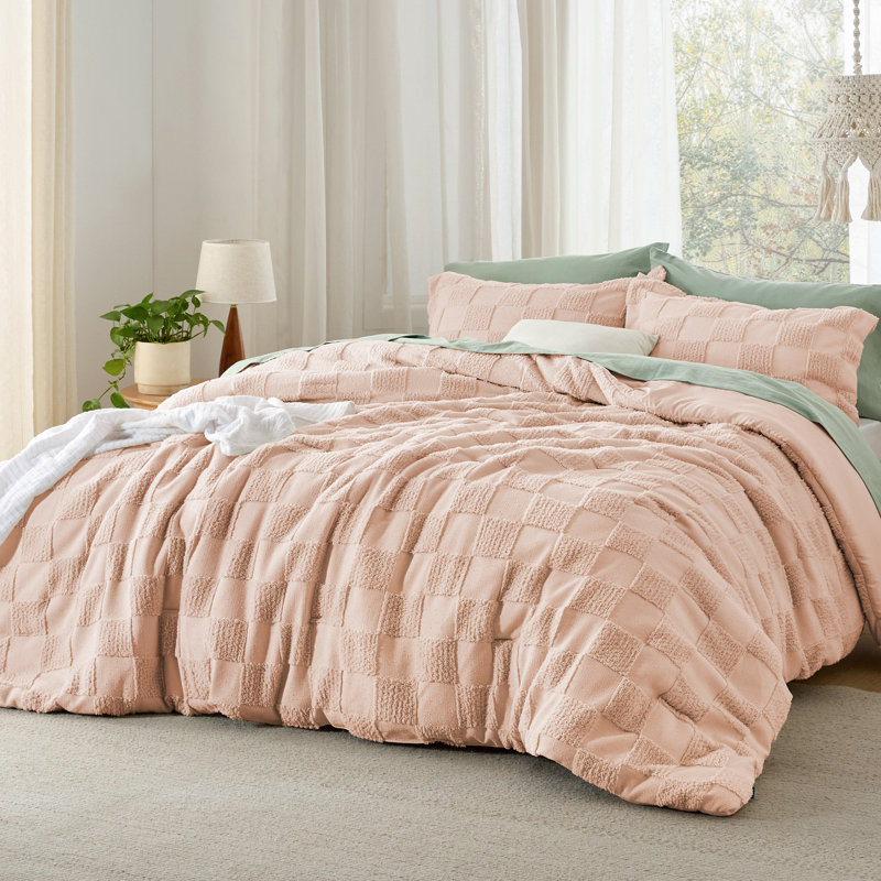 Ensemble d'édredon très grand lit rose grisâtre, ensemble de lit capitonné Boho, literie à carreaux de style Shabby Chic, 3 pièces, 1 édredon géométrique à carreaux et 2 taies décoratives