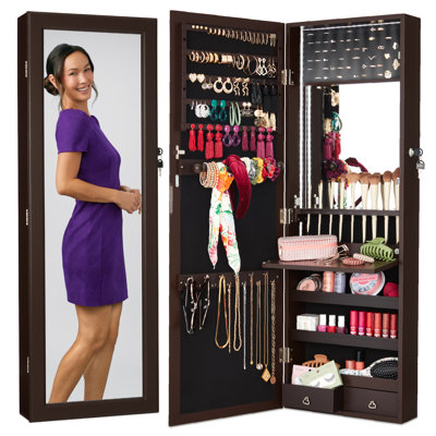 Armoire pour bijoux avec miroir suspendu Meina, armoire murale ou de porte avec lumières DEL, serrure