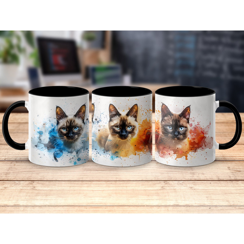Cat Design 11oz Accent Mug – White Ceramic Coffee Cup with Colored Handle and Interior, 2, Black