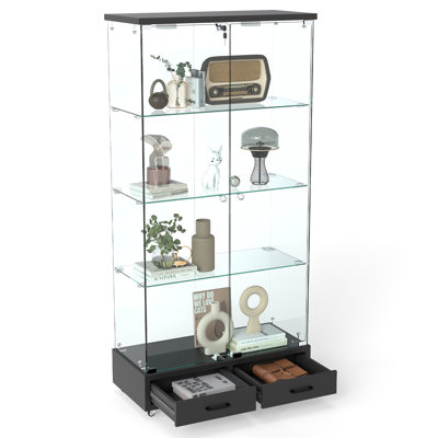 Hollandale 65.8"H Glass Display Cabinet, Bookcase With 13-Color LED & 2 Drawers