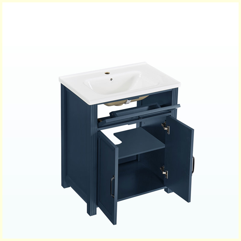 Meuble-lavabo autoportant moderne de 70,6 cm (27,8 po) avec lavabo, finition peinte de style milieu du siècle, armoire de rangement avec tiroir à couvercle rabattable