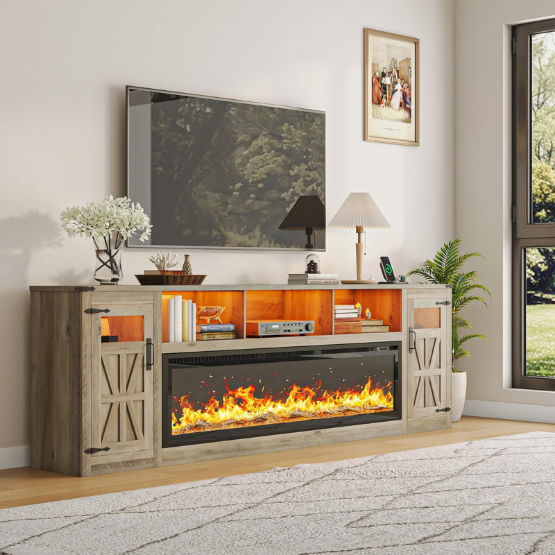 95" Farmhouse Fireplace Tv Stand For Tvs Up To 100 Inch With Power Outlets, Large Media Console With 60" Electric Fireplace & Led Lights For Living Room
