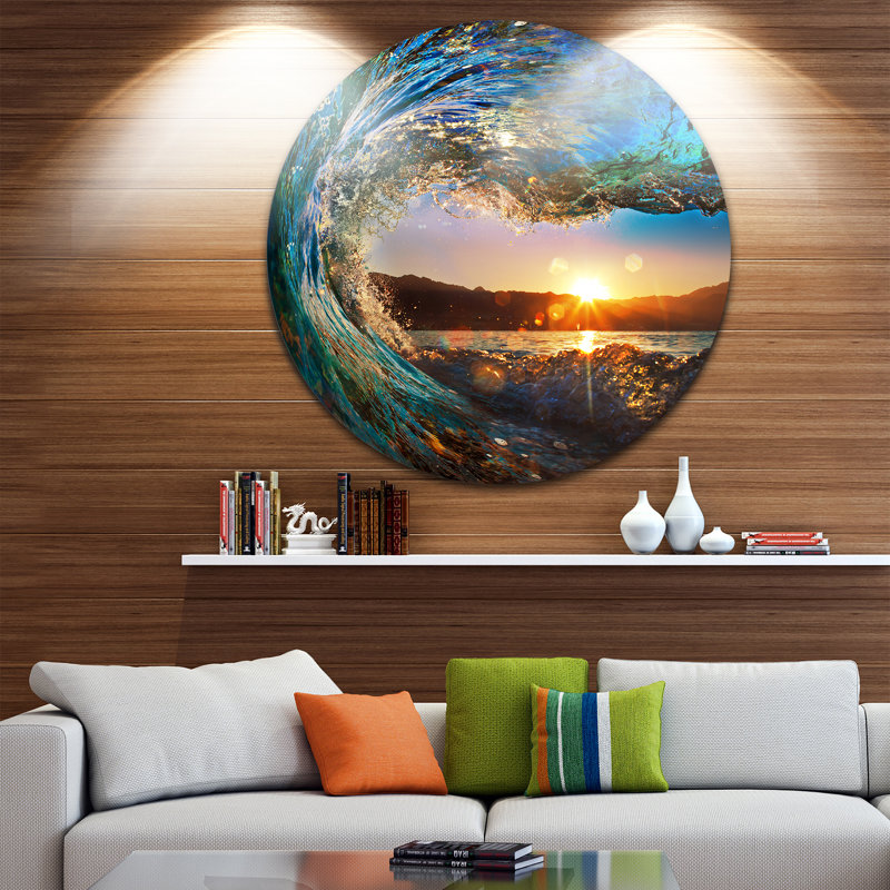 Vagues de l'océan colorées tombant vers le bas - art mural moderne en métal brillant bord de mer, H 36 po x l 36 po x P 1 po