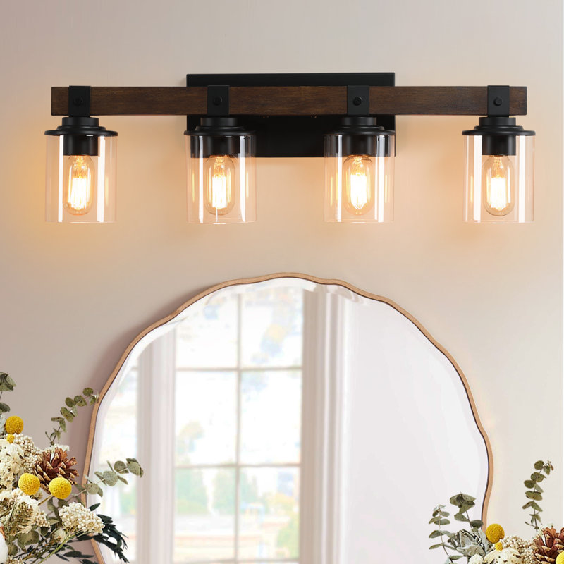 Industrial & Farmhouse Bathroom Vanity Light Over Mirror With Metal & Wood Frame, 4