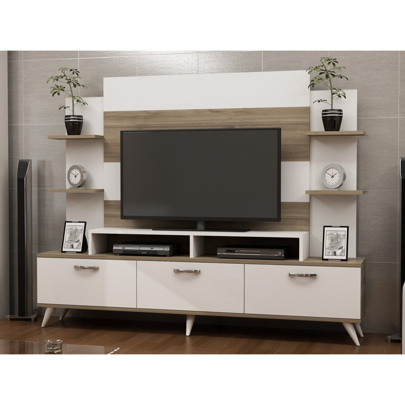 Modern TV Unit with Numerous Shelves, White & Walnut Finish, 70.9 x 56.3 x 11.8 inches | 100% Melamine Coated Particle Board, Thickness: 0.7 inches | Wall-Mountable Design for Stylish Living Room Organization
