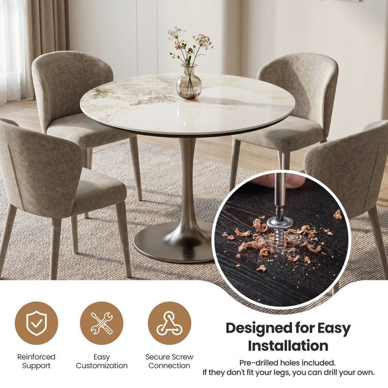 Plateau de table rond en pierre frittée blanche brillante – Plateau de remplacement à monter soi-même pour salle à manger familiale, cuisine, location, rénovation de maison, terrasse, camping et bricolage extérieur