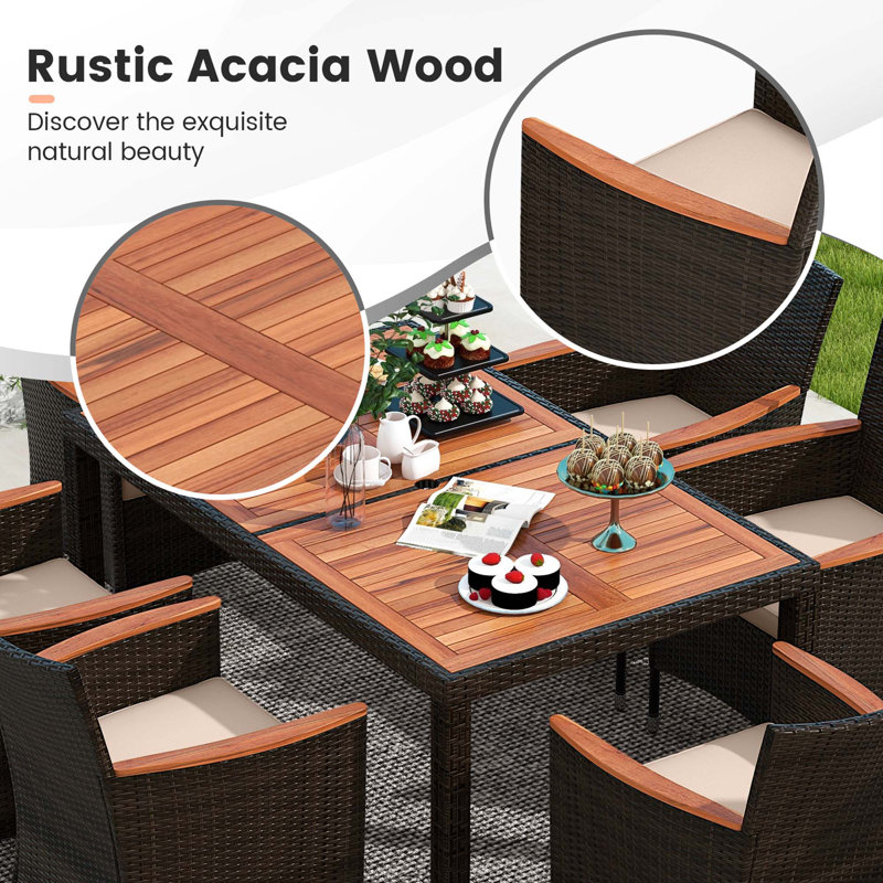 7-Piece Brown Wicker and Acacia Wood Outdoor Dining Set