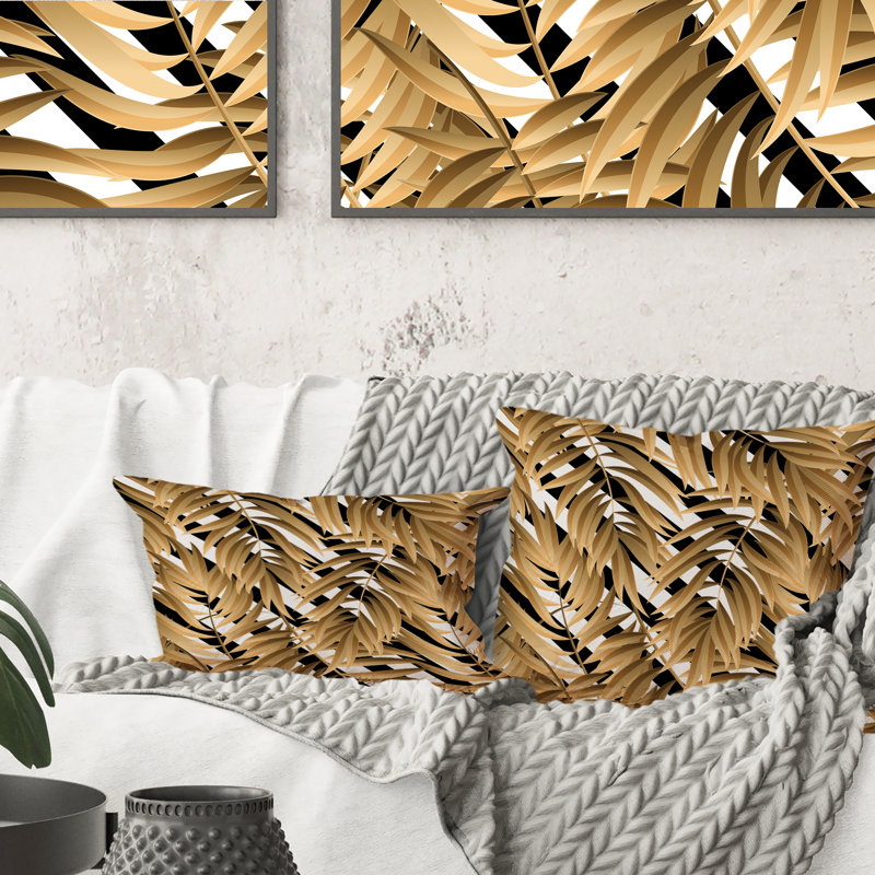 Tropical Palm Leaves On Black And White Diagonals - Patterned Printed Throw Pillow, 16" x 16"