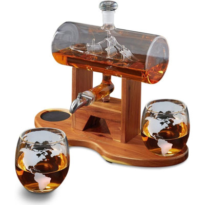 Ship in a Bottle Whiskey Decanter Set – Elegant 40.5 oz Glass Decanter with 2 Matching Glasses – Unique Nautical Decor for Home Bar – Ideal Present for Whiskey Lovers, Dads & Husbands