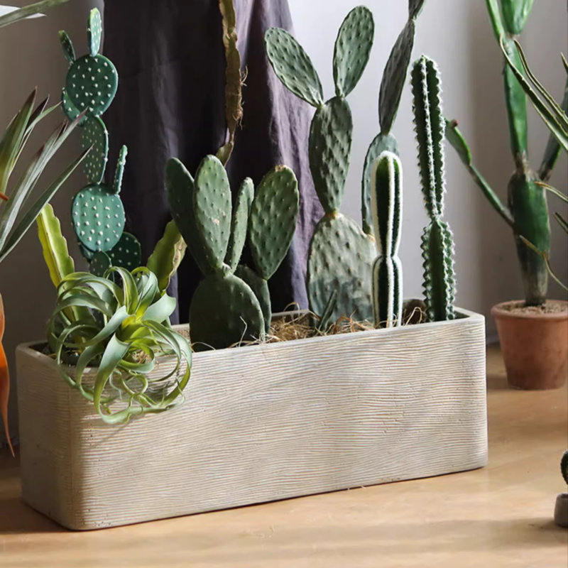Modern Rectangular Textured Planter, 6.6" H x 23.6" W x 6.3" D, Antique White