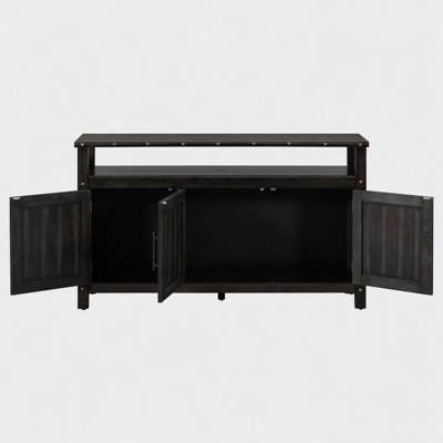 Armoire-buffet en bois de pin 55,1 po avec 3 portes de rangement, armoire avec rangement double, bar à café avec poignées en métal et rivets en métal exposés