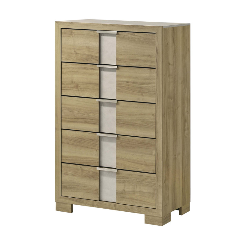 Commode haute en bois flotté avec cinq tiroirs, parfaite pour les chambres à coucher modernes et les solutions de rangement