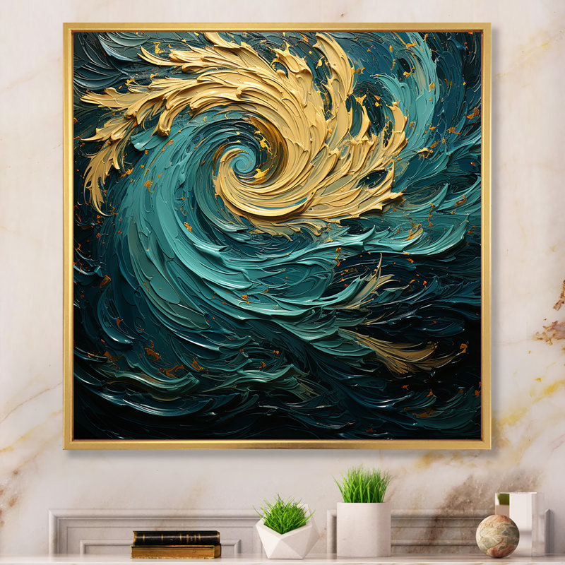 Décoration murale Majestic Motion Teal Spiral I - Abstract Spirals_106111, H 30 po x l 30 po x P 1 po, Cadre flottant doré