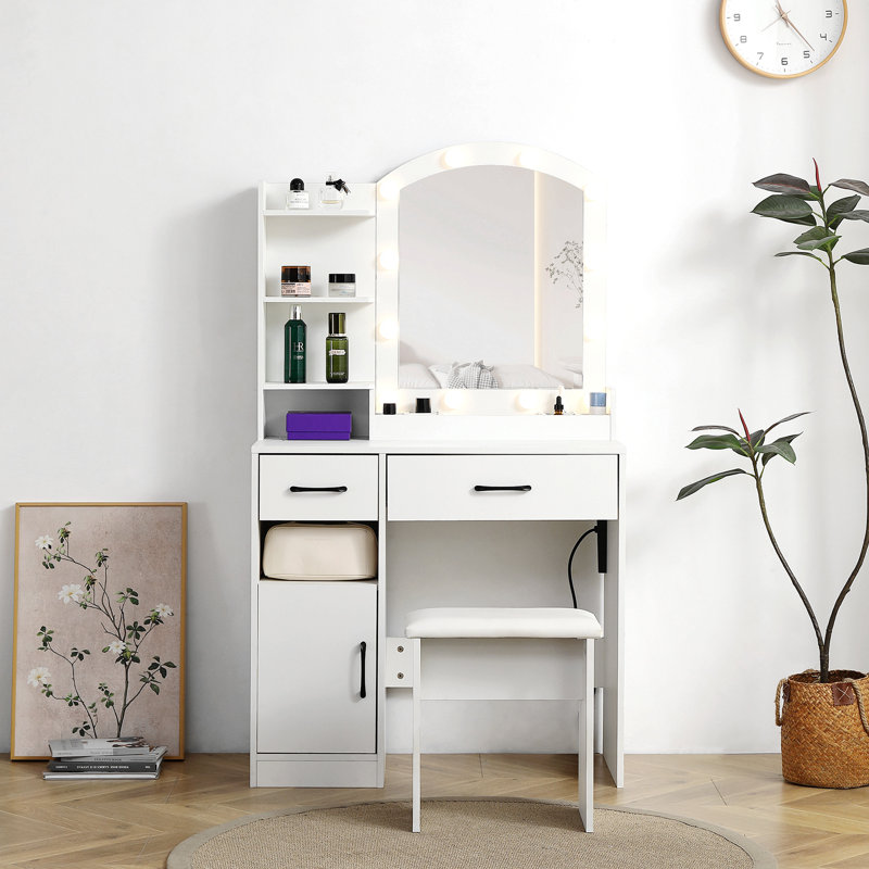 Ensemble de meuble-lavabo avec grand miroir lumineux, éclairage 3 couleurs, luminosité réglable, 2 tiroirs, armoire de rangement et tabouret rembourré, finition blanche