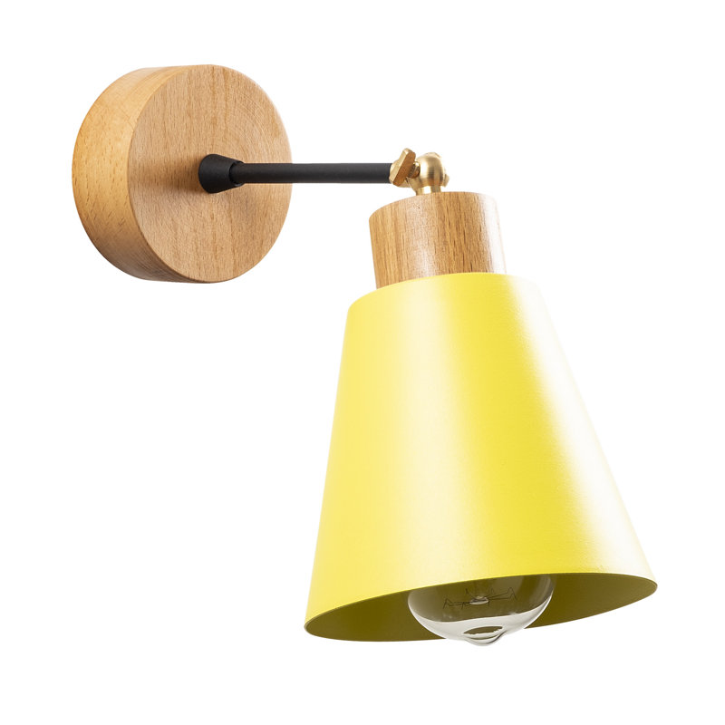 Lampe murale moderne avec corps en métal et base en bois, finition jaune, 5,5 po de diamètre x 9,8 po de hauteur | Douille E27 (40 W maximum) | Éclairage élégant et fonctionnel pour la décoration intérieure, indice de protection IP20 - idéal pour le salon et la chambre à coucher