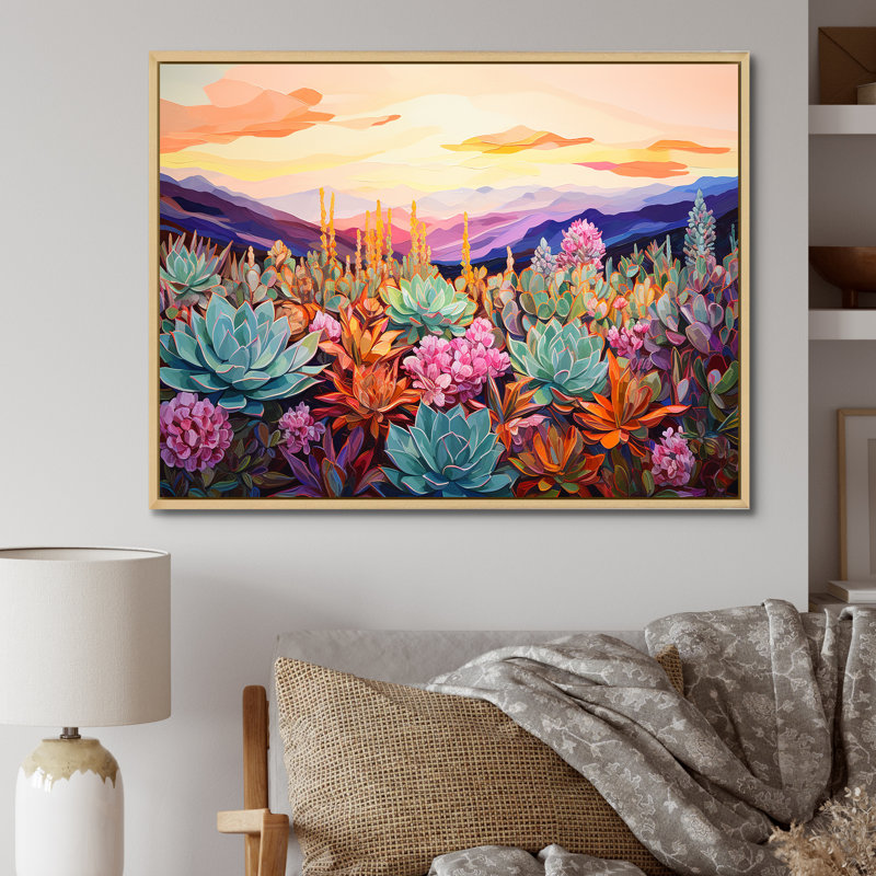 Charme coloré du désert succulent - art mural succulent, H 30 po x l 40 po x P 1,5 po, Cadre naturel flottant