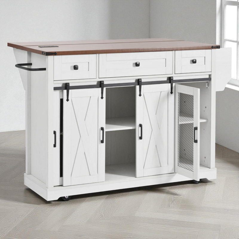 Îlot de cuisine de 58 po de large avec abattant, Blanc rétro
