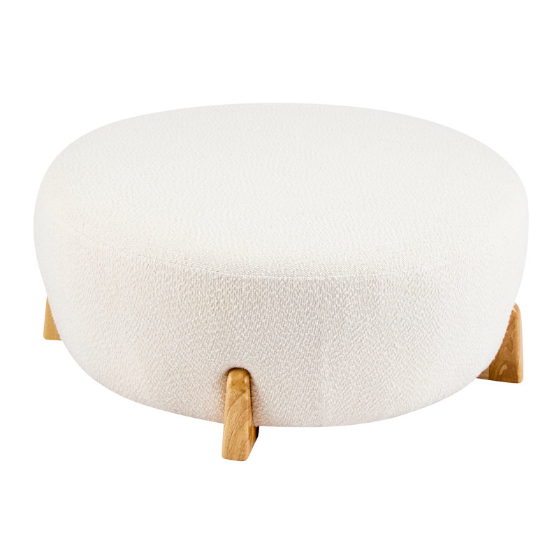 Modish Round Ottoman: Boucle Top With Splayed Rubber Wood Legs, White