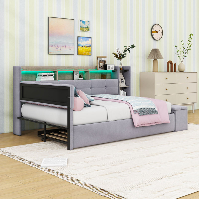 Upholstered Daybed with Trundle, Charging Station and LED, Gray, Full