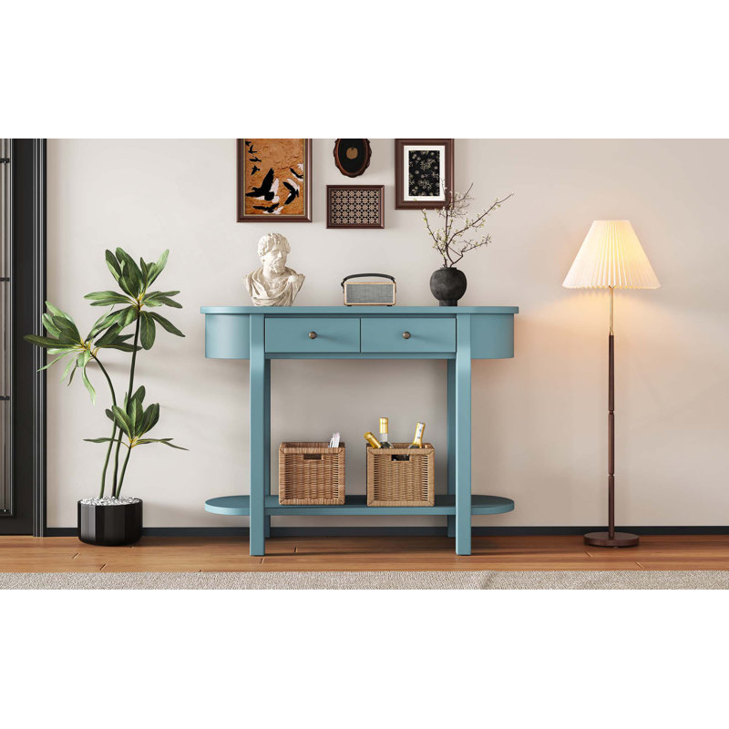 Elegant Retro Console Table With Curved Design & Smooth Glaze, Turquoise Green