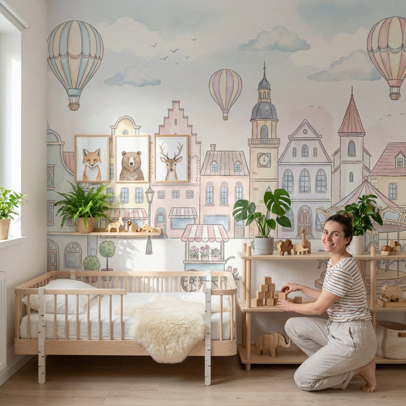 Murale européenne fantaisiste de papier peint de ville fantaisiste, 140 po x 108 po, Peler et coller