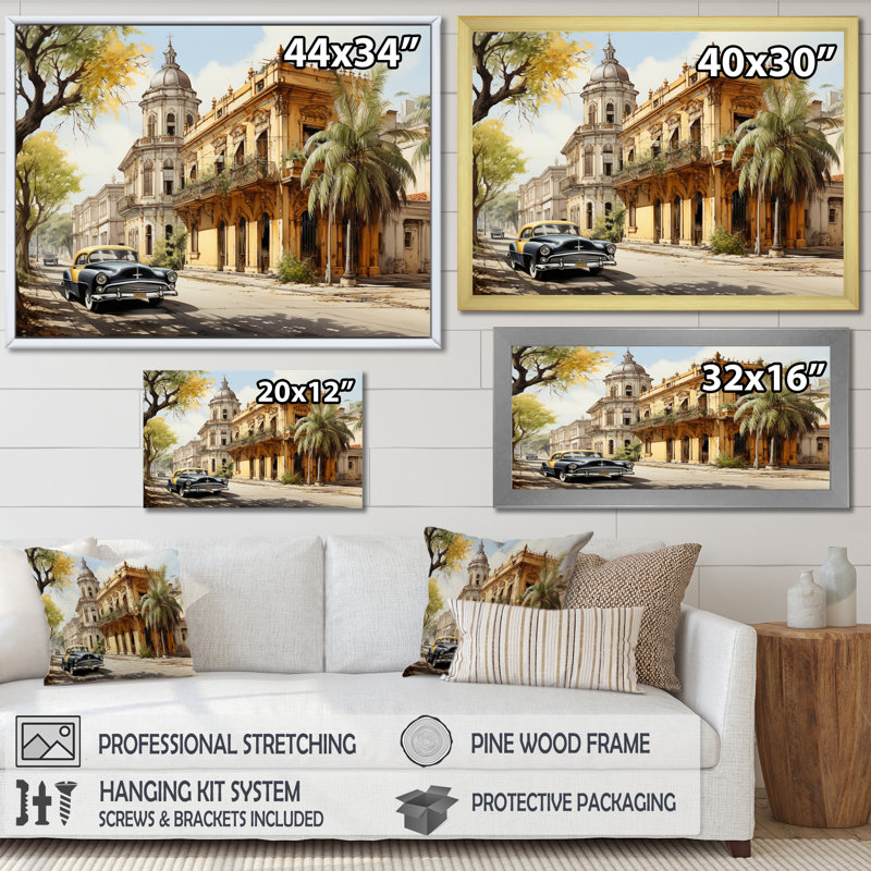 " Cuban Architecture Yellow ", 34" H x 44" W x 1.5" D, Natural Floater Framed
