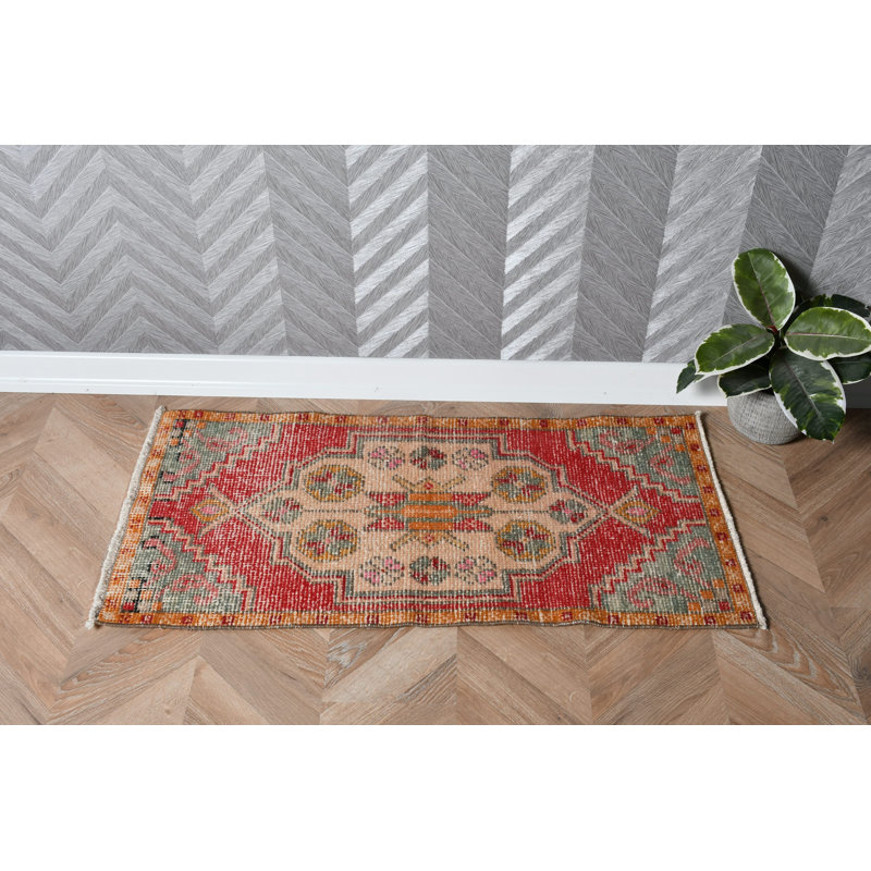 Red Wool Turkish Rug Hand Woven With Aztec Abstract Pattern Perfect For Outdoor Use And Bathroom Decor