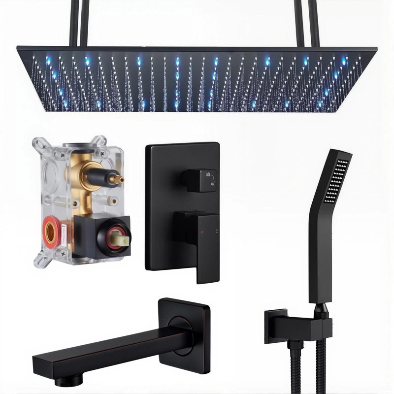Robinet de douche à DEL noir 16 po x 32 po avec bec de baignoire