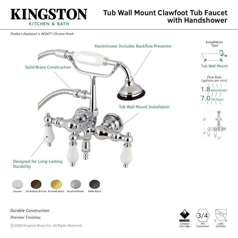 Kingston Brass Aqua Vintage Three-Handle 2-Hole Tub Wall Mount Clawfoot Tub Faucet with Hand Shower, Brushed Brass