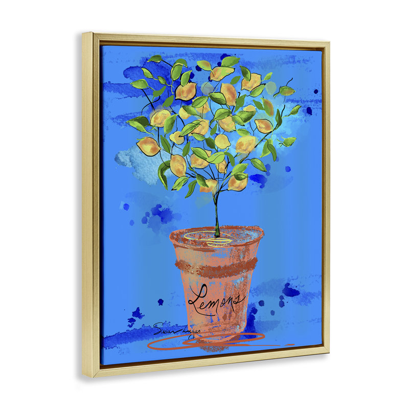 Cadre flottant bleu vif Pots Lemons, design par Susan Lugar, H 21 po x l 17 po, Cadre flottant métallique doré