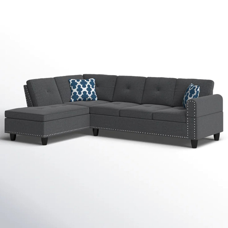 98" Wide Dark Gray Linen 2 - Piece Left Hand Facing L Shaped & Chaise, Round Arms, Back Pillows, Nailhead Trim, Spring Supported Foam Tied Cushions, Removable Backs, Seats Five, Two Accent Pillows