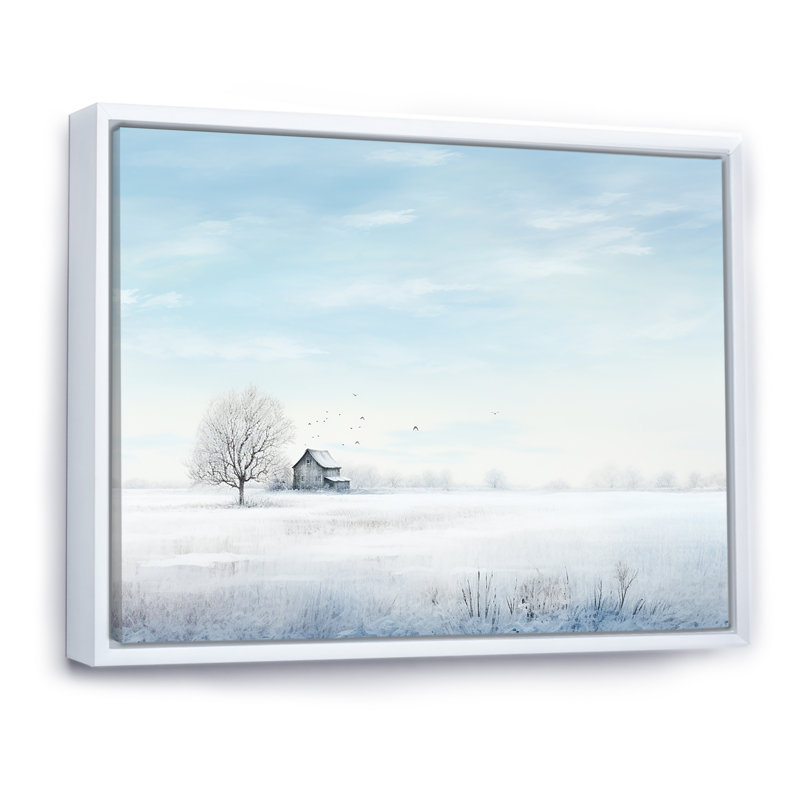 Paysage d'hiver, minimalisme sur toile, Cadre flottant blanc, H 24 po x l 32 po x P 1 po