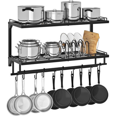 Pot Rack, Wall Mounted Pan Holder, 2-Tier Pot and Pan Organizer, Pot Hanger with 10 S-Shaped Hooks, Cookware Organizer with 5 Removable Metal Wire Dividers, Black