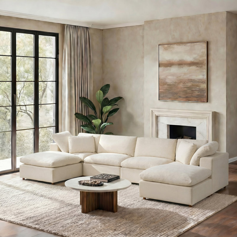 Merritt 157.5"W Modern Cloud Down Filled Oversized Sectional Couches With Two Ottoman, Linen Polyester