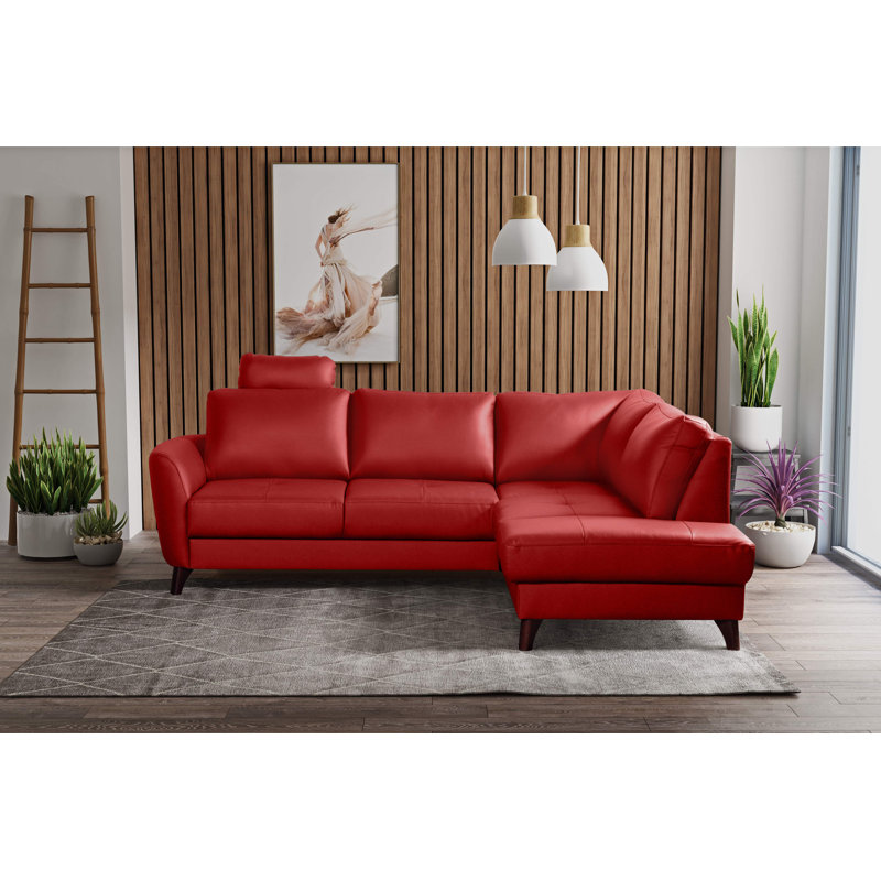 Migues Genuine Leather Corner Sofa with Sleeping Function and Storage, Right Hand Facing, Red