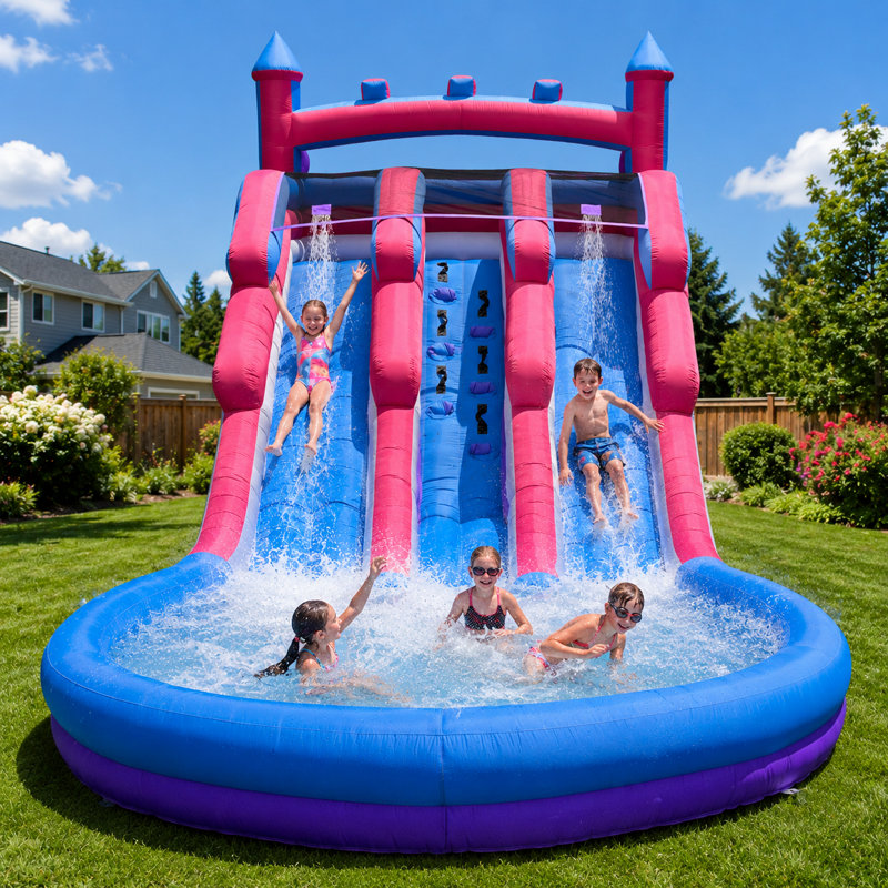 Double glissade d'eau gonflable de 20 pi avec pataugeoire, mur d'escalade, souffleur d'air et sac de rangement, parc aquatique pour enfants en tissu Oxford, mauve et rose