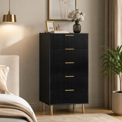 Ailean Ribbed 5 Drawer Tallboy Chest of Drawers – White or Black Gloss Fluted Fronts with Gold Legs & Handles (50cm Wide)