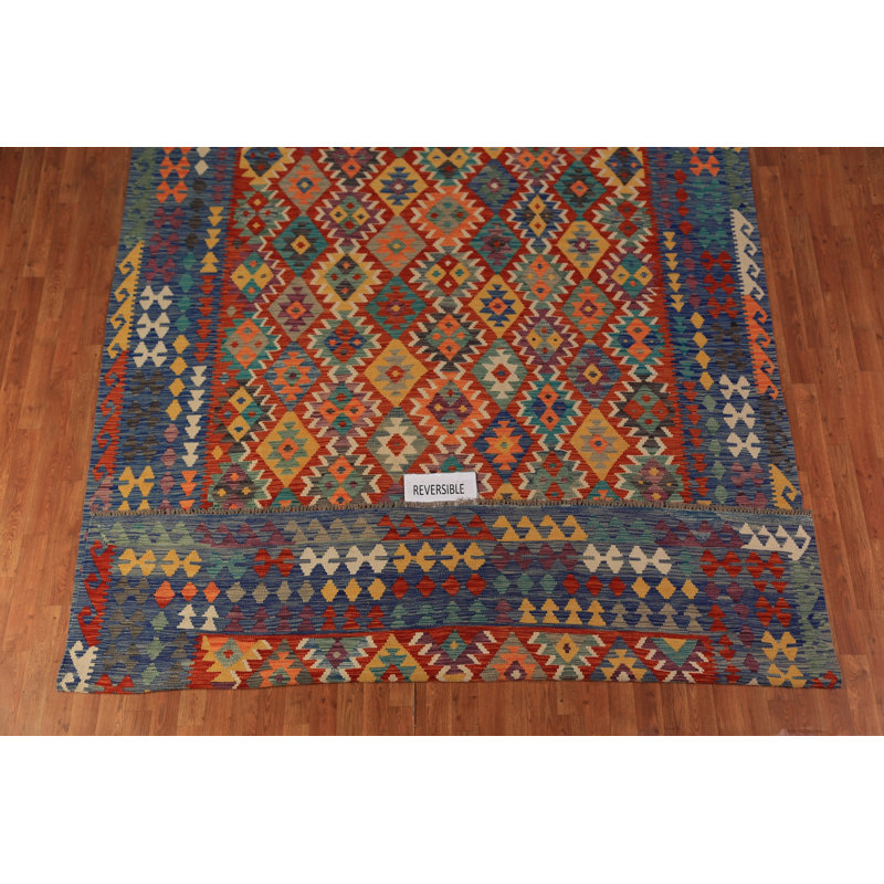 Tapis oriental géométrique en laine Kilim 8 x 11