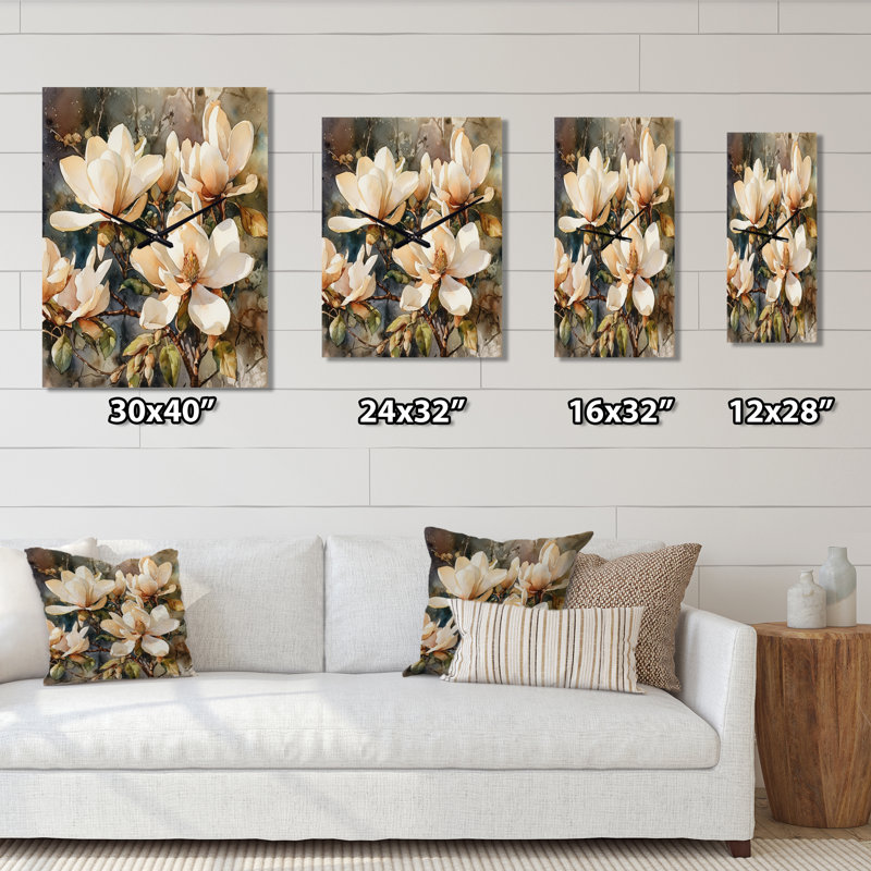Très grandes horloges murales Jakaylee - Floral Magnolias, H 32 po x l 16 po x P 1 po