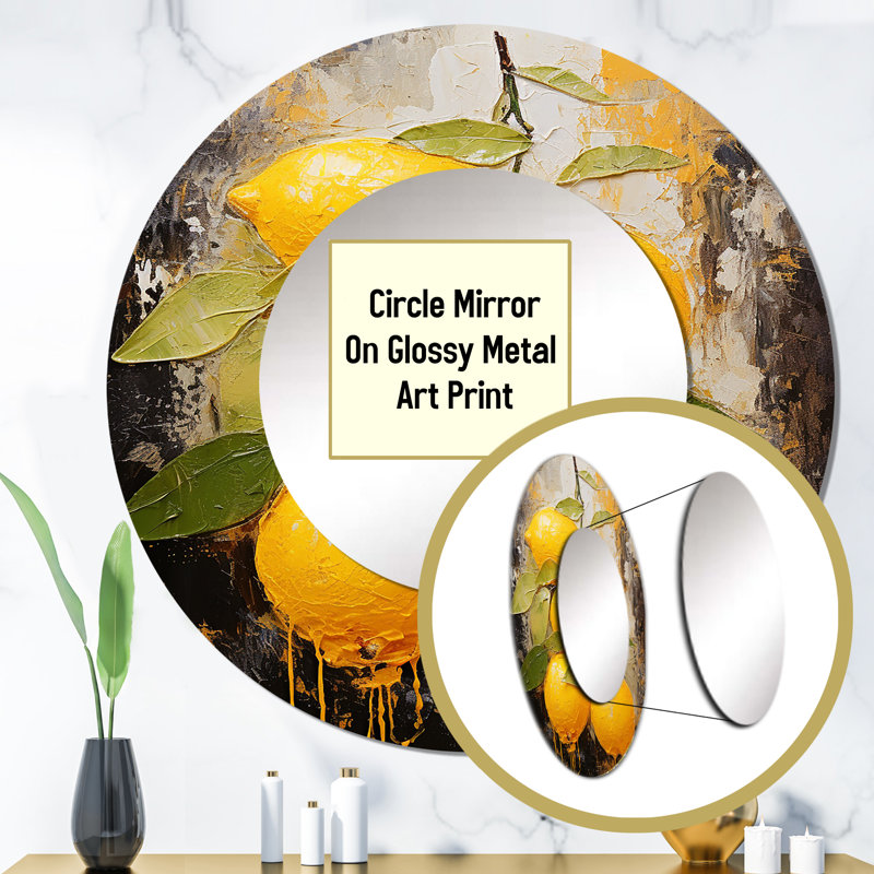 Lemon Loops Abstract Shapes I - miroir mural unique à formes abstraites, miroir rond jaune, impression sur métal