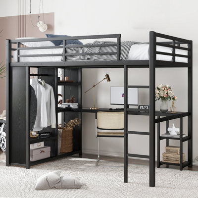 Metal Loft Bed Frame With Built-In Wardrobe, Desk And Storage Shelves by Isabelle & Max