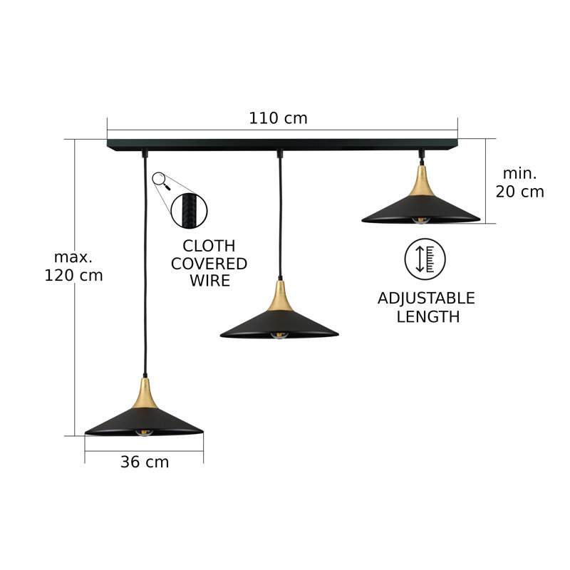 - Light Matte Black Dome Pendant, 120cm H x 125cm W x 36cm D, Gold/Black, 3 Lights