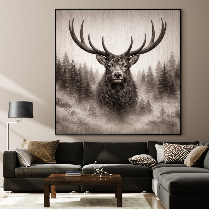 Très grand reproduction d'art sur toile - Portrait de cerf gris, décor de salon rustique - «Assemblage requis du cadre (cadre non fini)»
