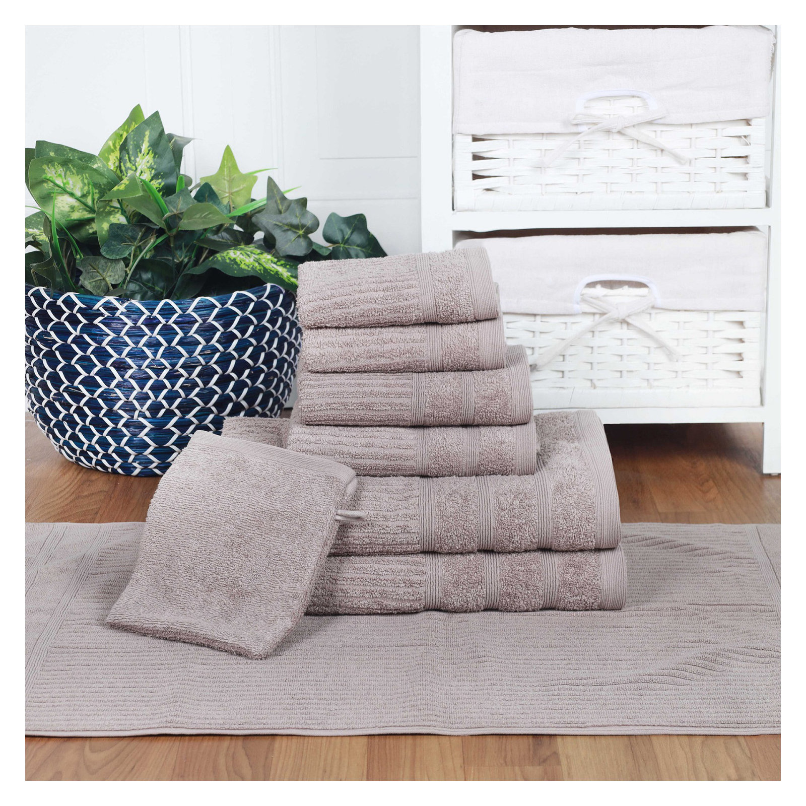 Rockaway Certified Egyptian Cotton 8 Piece Towel with Hand Glove and Bath Mat Set, Gray