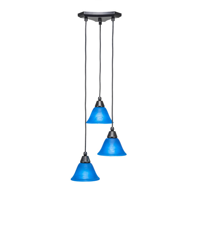 Europa 3 Light Cord Cluster Pendalier Shown In Brushed Nickel Finish With 7" Blue Italian Glass, Bronzee