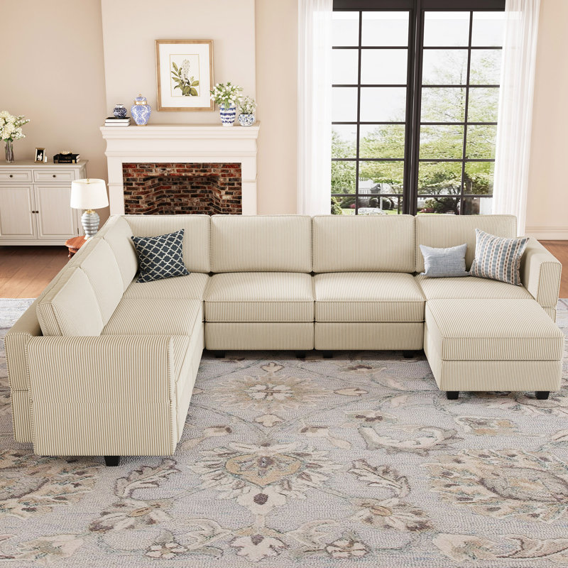 Canapé modulaire en U Hursey Corduroy, Velours côtelé beige