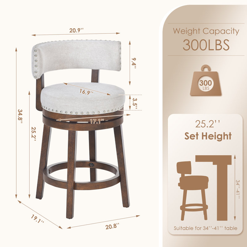 360° Swivel Upholstered Counter & Bar Stool with Solid Wood Frame, Backrest & Footrest, 4, Counter Stool (25.39" Seat Height)